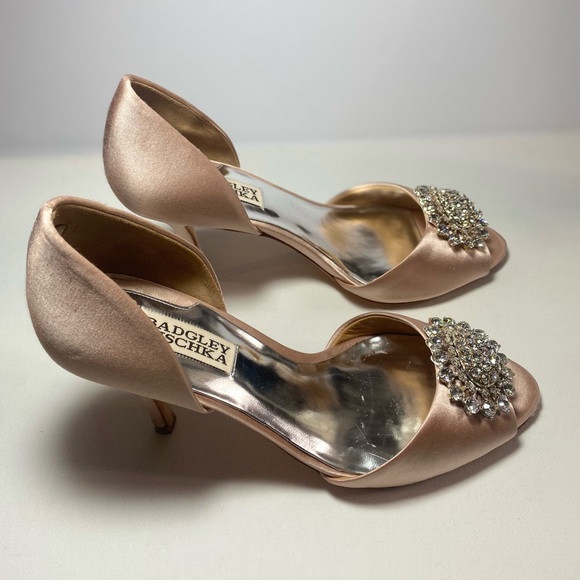 Badgley Mischka Women's Satin Peep-Toe Heels - Champagne with Crystal Features - Picture 7 of 8